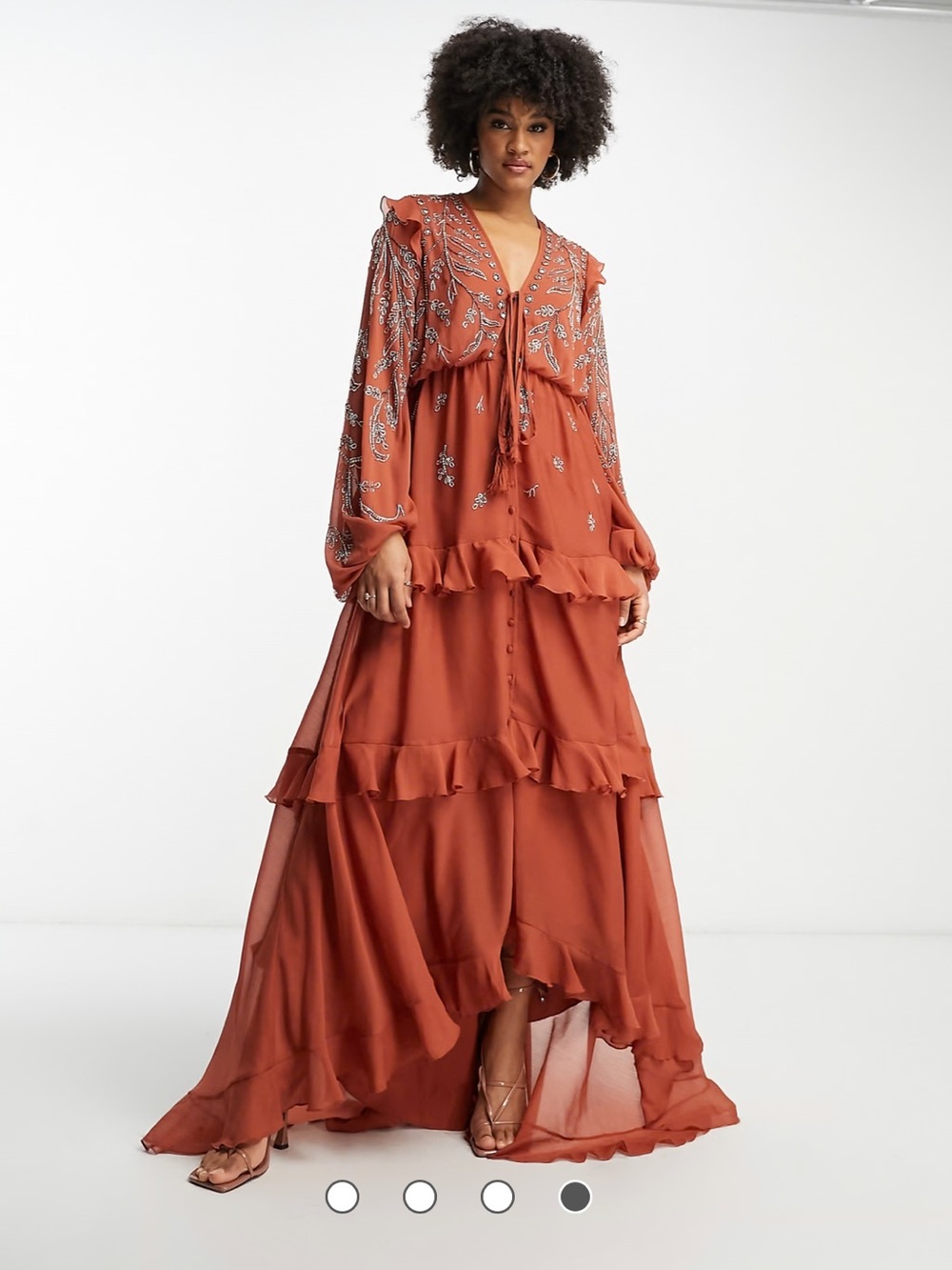 midi dress with button front and trailing floral embellishment in rust